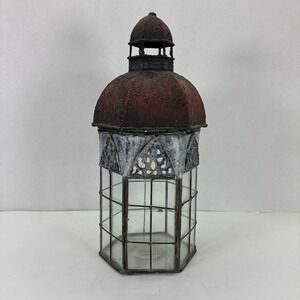 Rustic Metal Glass Lantern Antique Style Red Dome Hexagon Candle Holder Filigree
